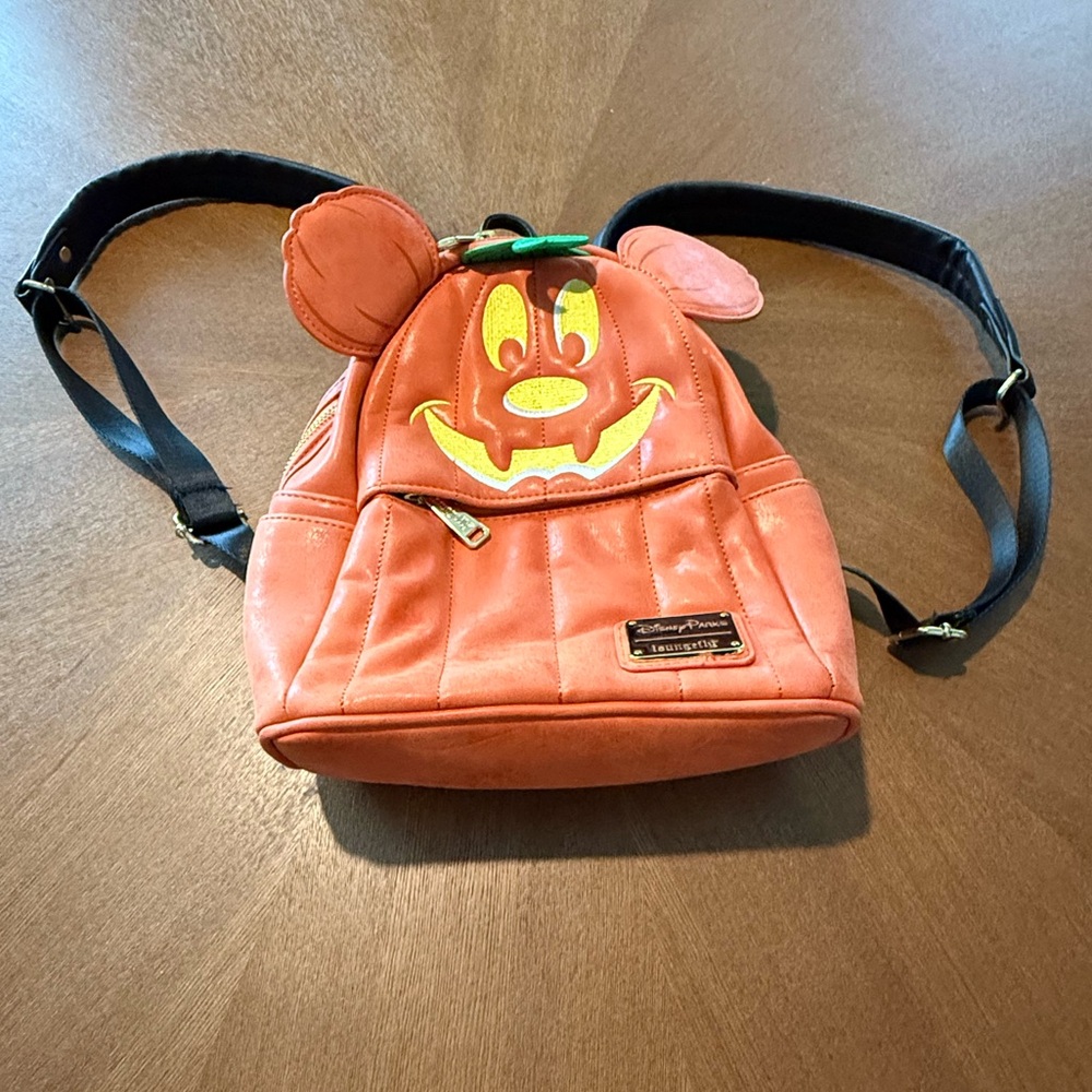 Loungefly Pumpkin Mickey Mini Backpack in Orange with Green Leaf - Picture 2 of 9